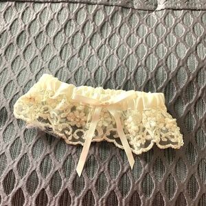 Vintage Antique Bridal Lace Garter with Bids and Bow Embroidered Cream